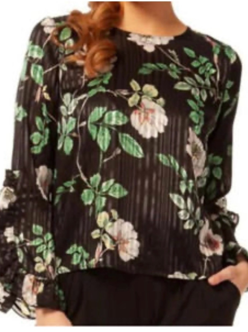 H&M Black Floral Pleated Flutter Long-Sleeve Blouse